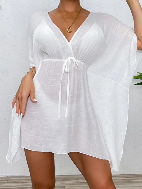 Drop shoulder loose beach cover-up solid color sun protection shirt waist tie bikini cover-up BLUE ZONE PLANET