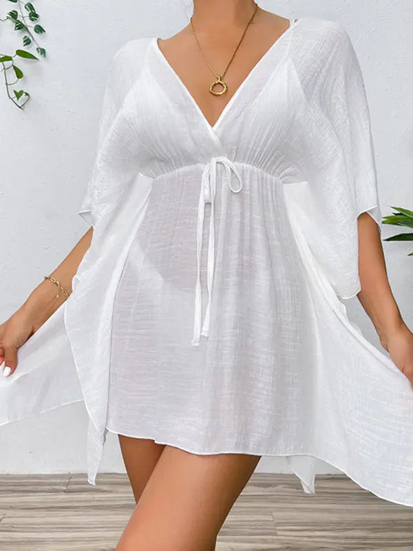 Drop shoulder loose beach cover-up solid color sun protection shirt waist tie bikini cover-up BLUE ZONE PLANET