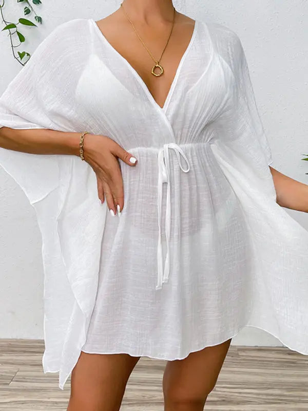 Drop shoulder loose beach cover-up solid color sun protection shirt waist tie bikini cover-up BLUE ZONE PLANET