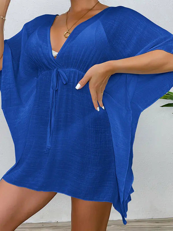 Drop shoulder loose beach cover-up solid color sun protection shirt waist tie bikini cover-up BLUE ZONE PLANET