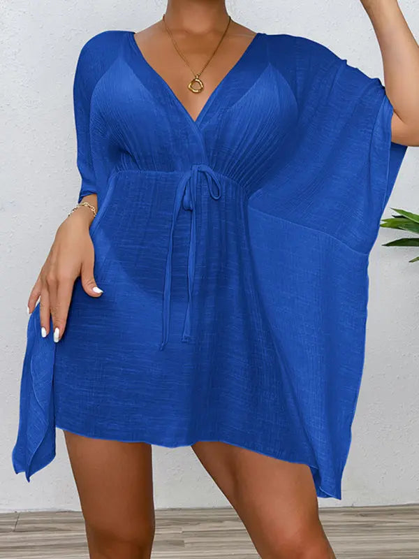 Drop shoulder loose beach cover-up solid color sun protection shirt waist tie bikini cover-up BLUE ZONE PLANET