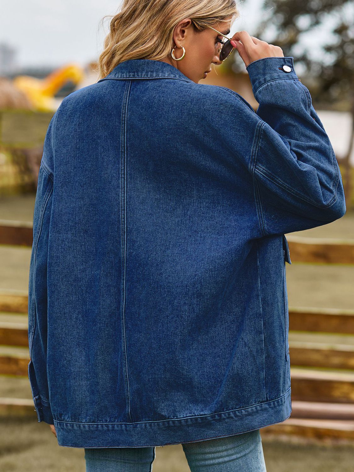 Dropped Shoulder Denim Jacket with Pockets BLUE ZONE PLANET