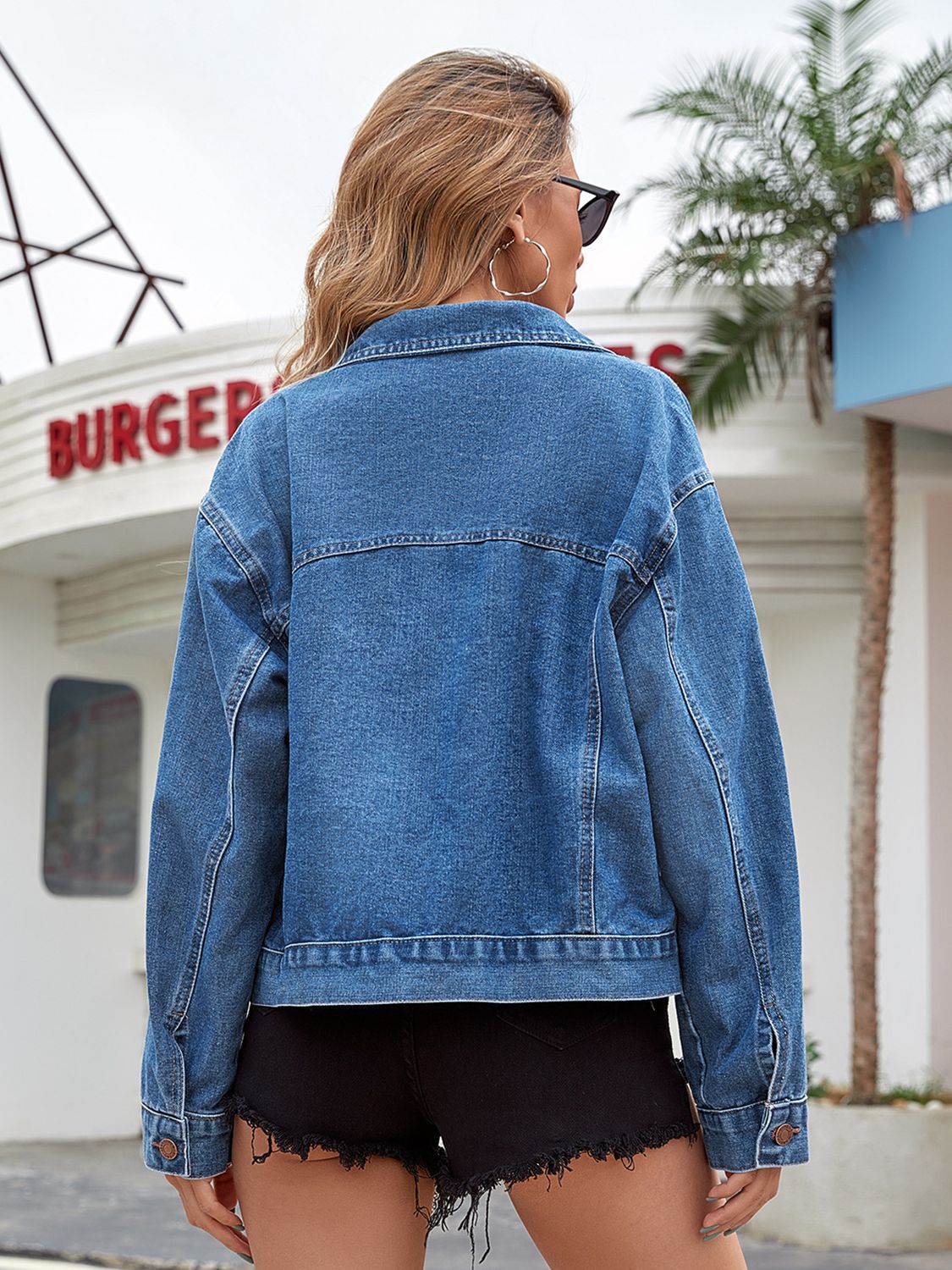 Dropped Shoulder Denim Jacket with Pockets BLUE ZONE PLANET