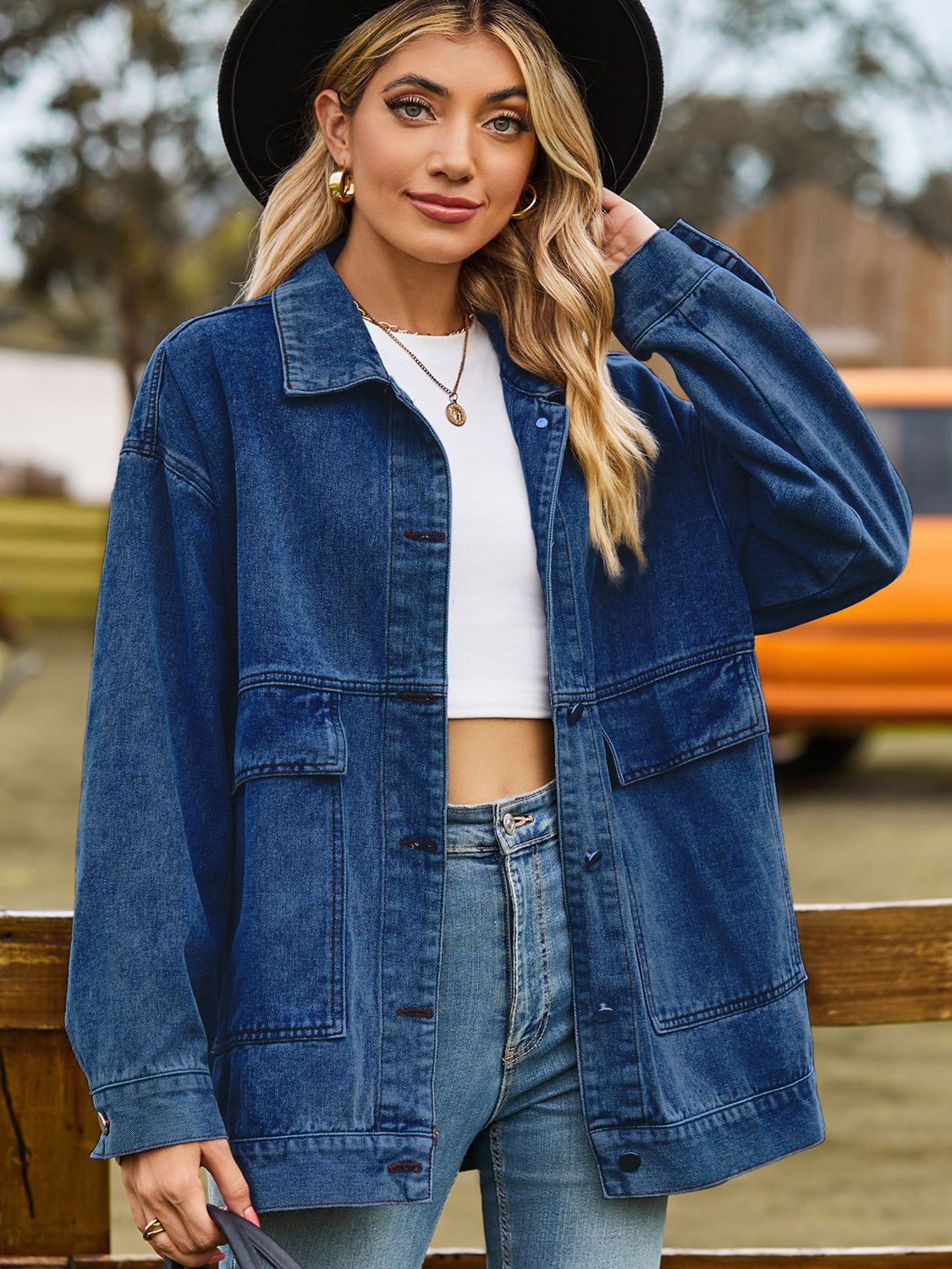 Dropped Shoulder Denim Jacket with Pockets BLUE ZONE PLANET