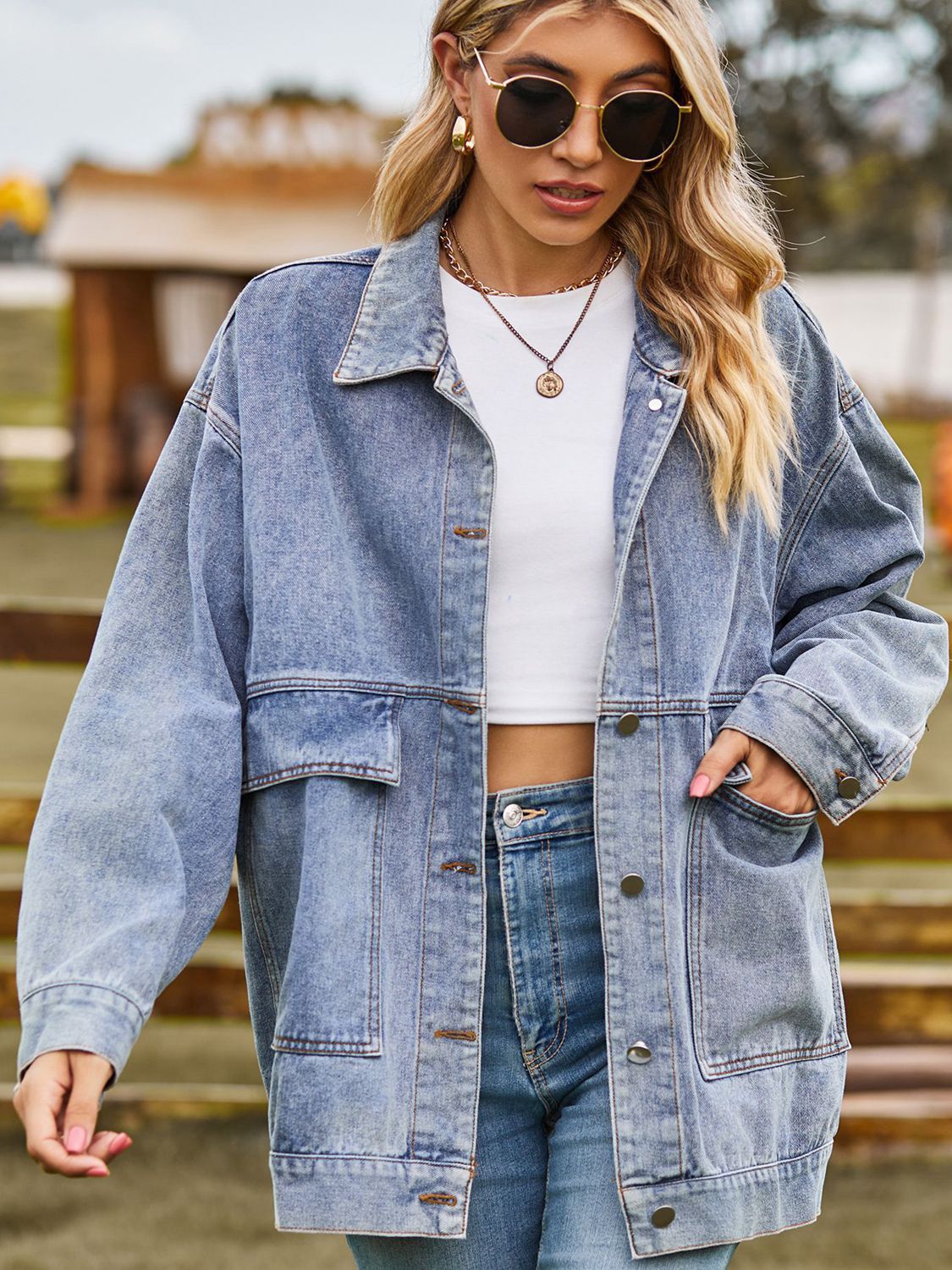 Dropped Shoulder Denim Jacket with Pockets BLUE ZONE PLANET