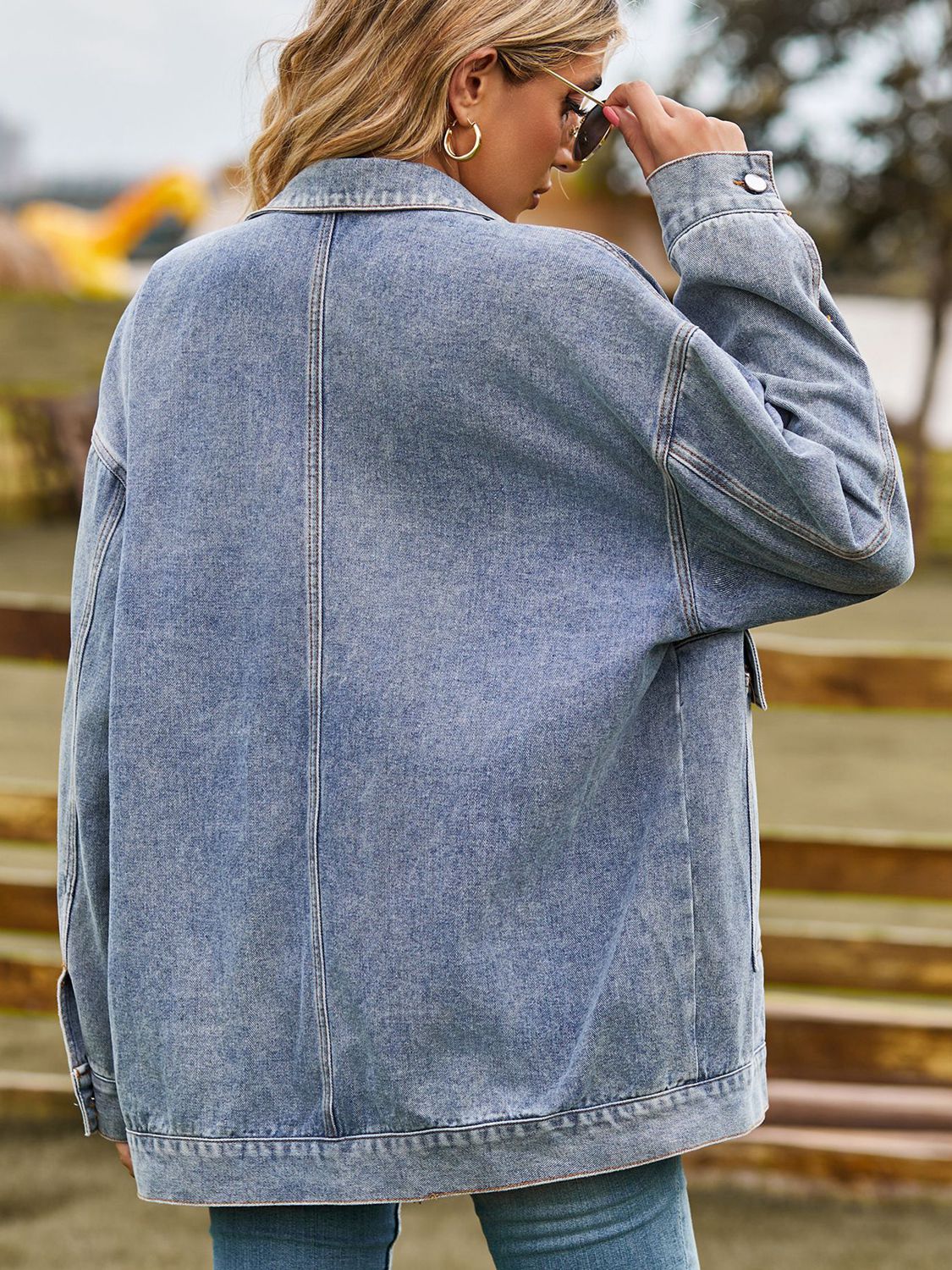 Dropped Shoulder Denim Jacket with Pockets BLUE ZONE PLANET