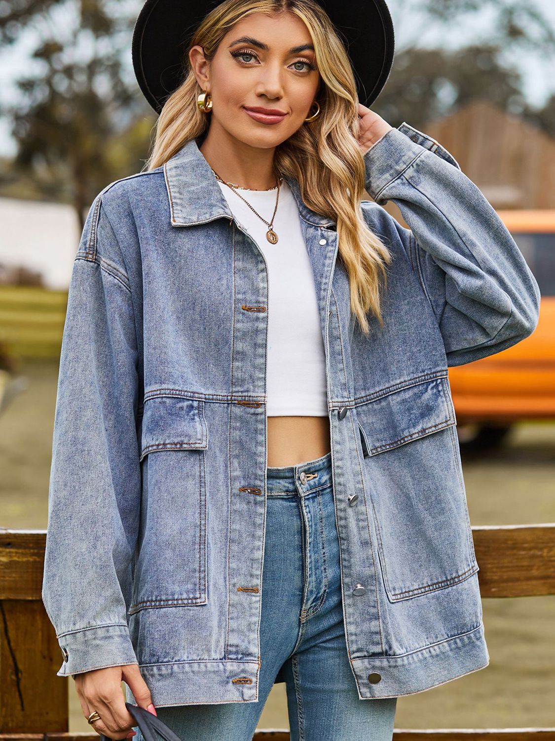 Dropped Shoulder Denim Jacket with Pockets BLUE ZONE PLANET