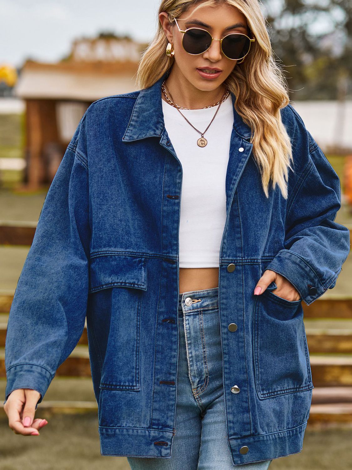 Dropped Shoulder Denim Jacket with Pockets BLUE ZONE PLANET