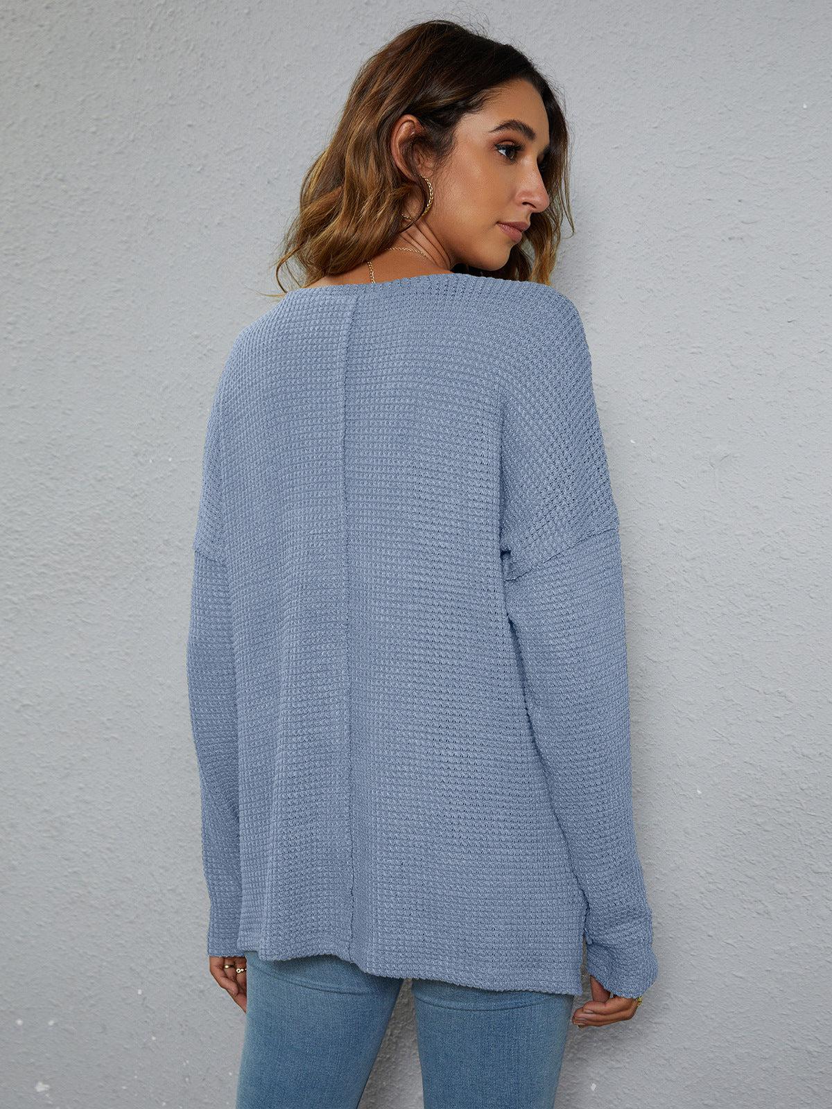 Dropped Shoulder High-Low Waffle-Knit Top BLUE ZONE PLANET