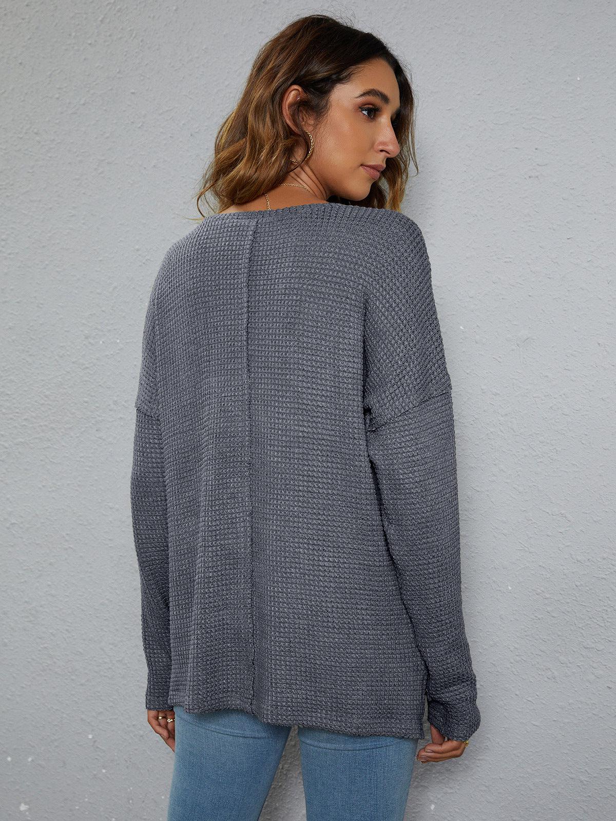 Dropped Shoulder High-Low Waffle-Knit Top BLUE ZONE PLANET