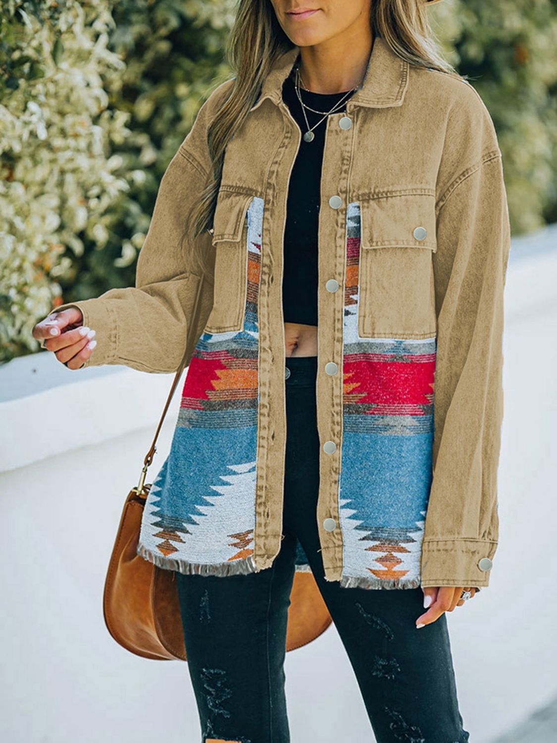 Dropped Shoulder Long Sleeve Printed Denim Jacket BLUE ZONE PLANET