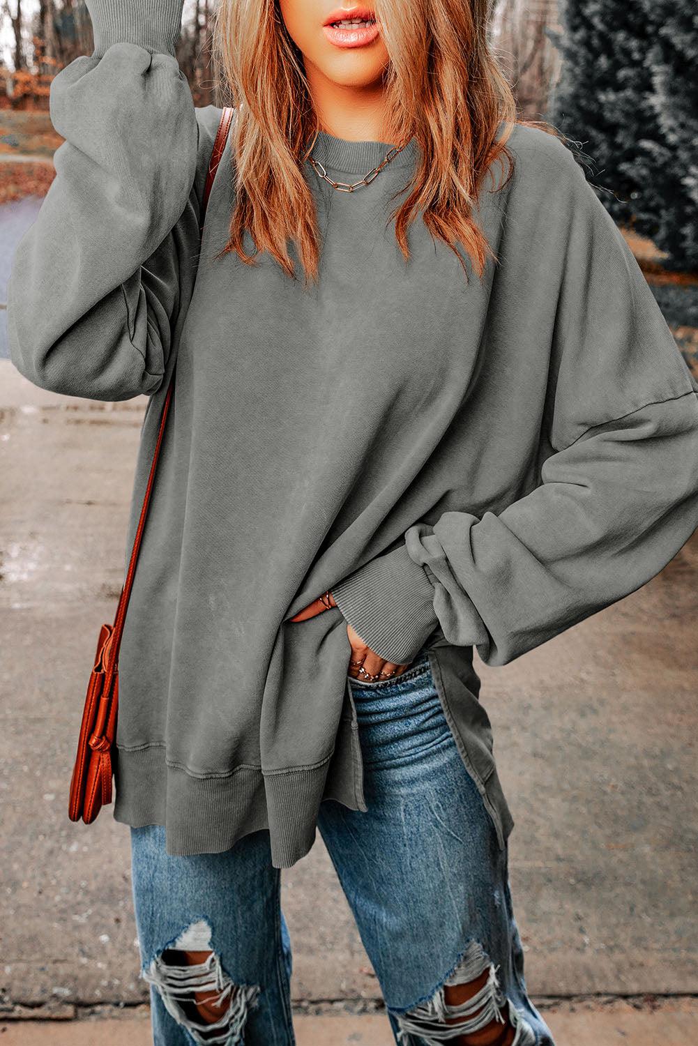 Dropped Shoulder Round Neck Long Sleeve Blouse BLUE ZONE PLANET