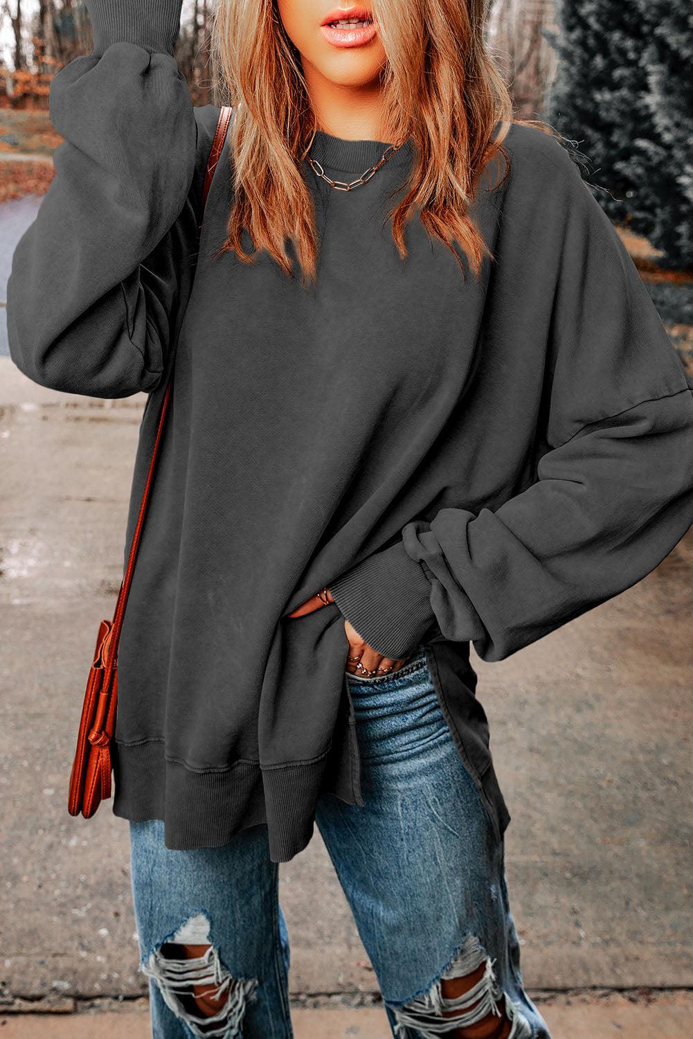 Dropped Shoulder Round Neck Long Sleeve Blouse BLUE ZONE PLANET