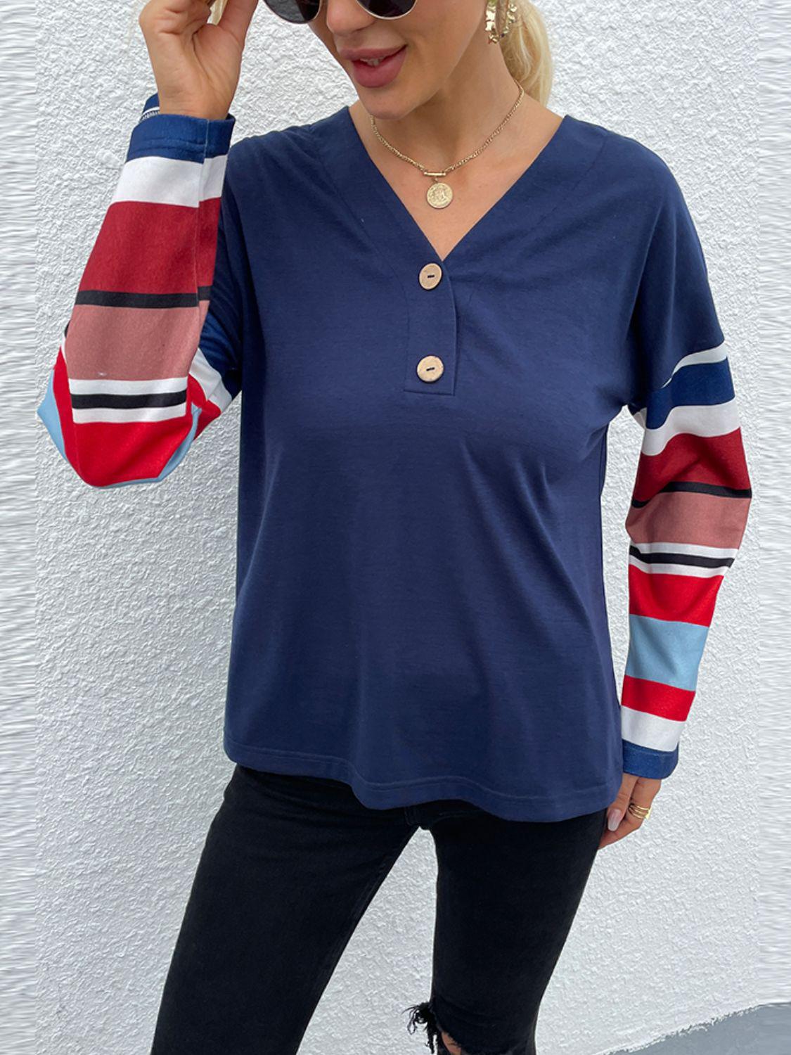 Dropped Shoulder V-Neck Buttoned Front Tee BLUE ZONE PLANET