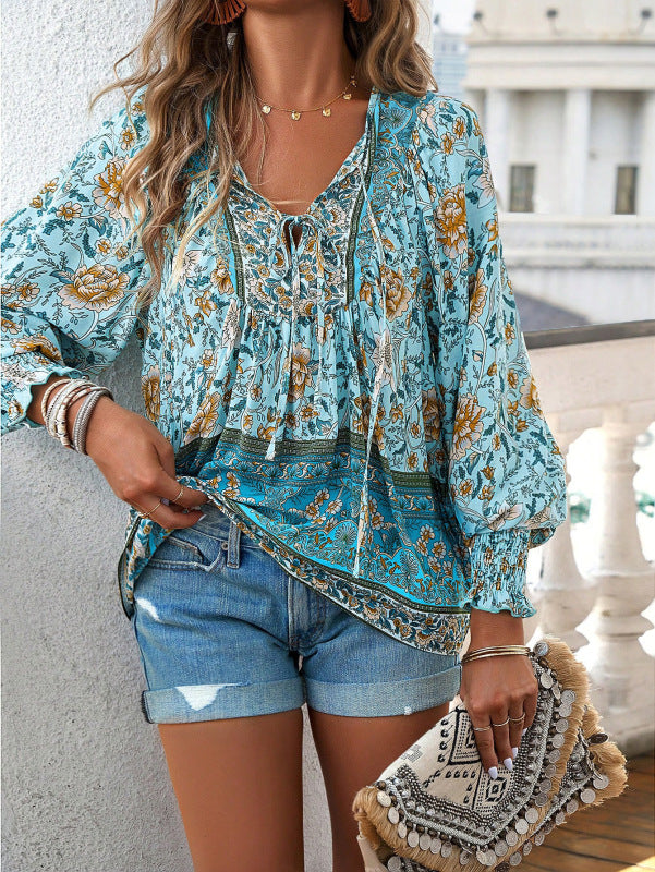 Casual holiday print long-sleeved T-shirt top shirt-[Adult]-[Female]-Green-S-2022 Online Blue Zone Planet