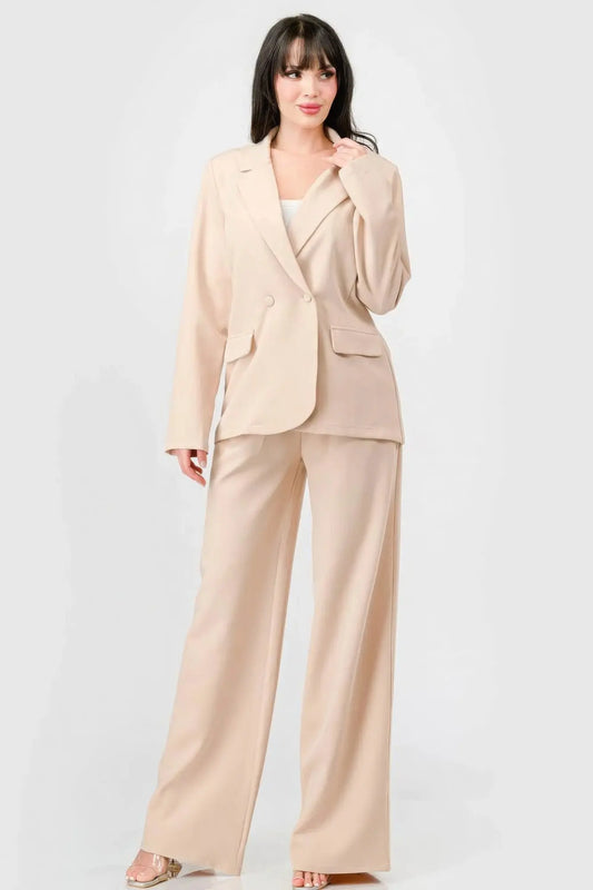 Elaine's Luxe Stretch Woven Loose Fit Blazer And Wide Legs Pants Semi Formal Set Blue Zone Planet