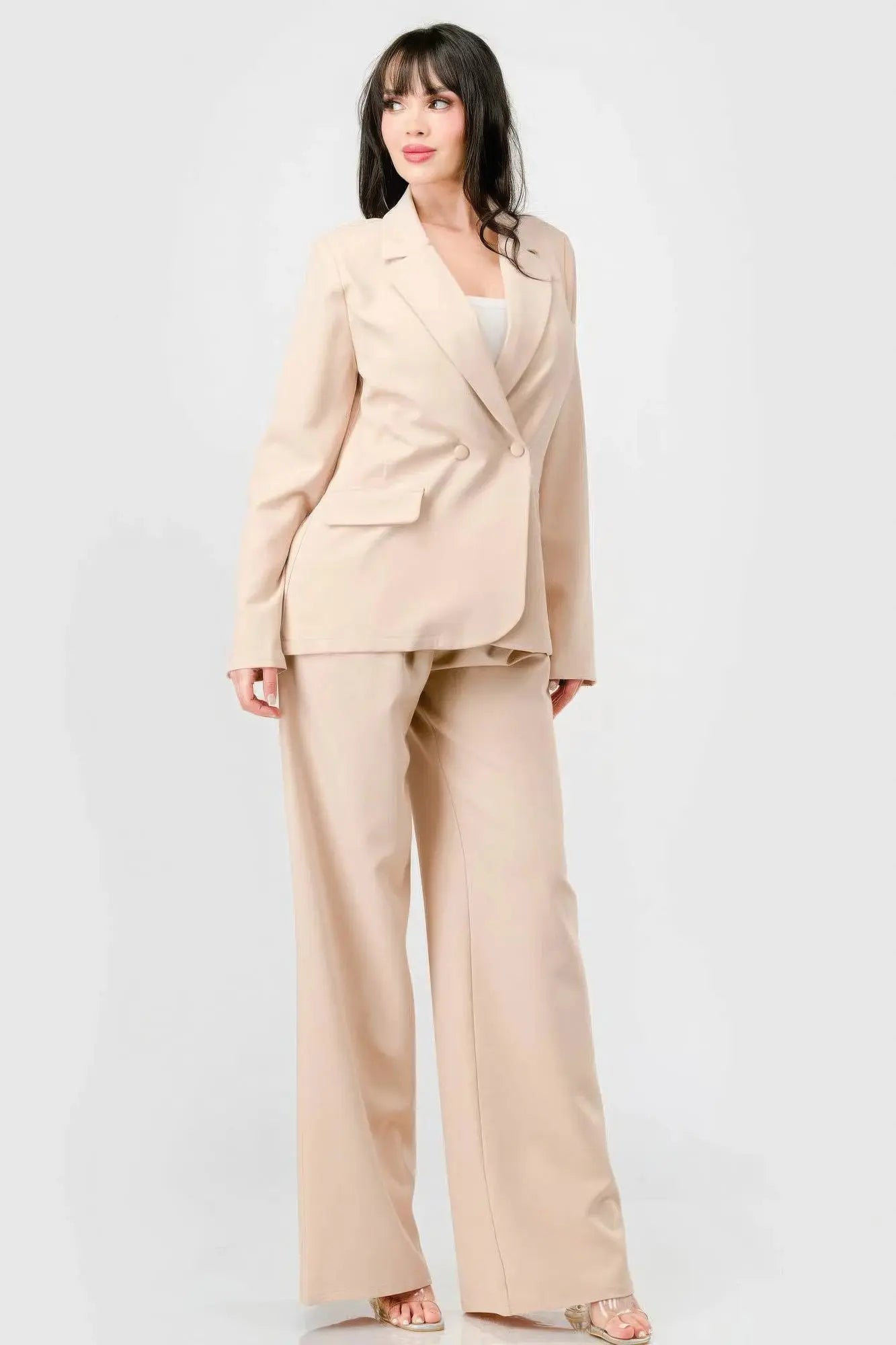 Elaine's Luxe Stretch Woven Loose Fit Blazer And Wide Legs Pants Semi Formal Set Blue Zone Planet