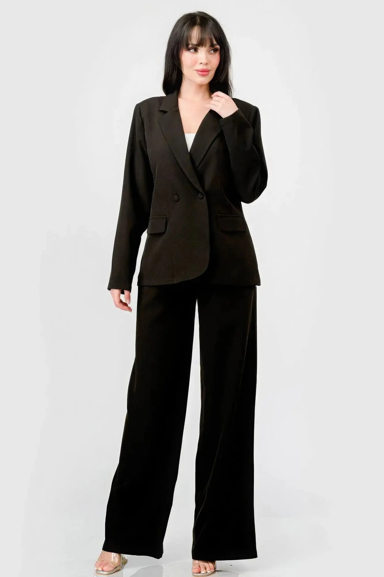 Elaine's Luxe Stretch Woven Loose Fit Blazer And Wide Legs Pants Semi Formal Set Blue Zone Planet