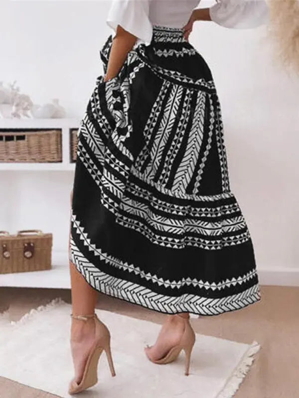 Elara's Ethnic Style Irregular Stripe Printed Maxi Skirt kakaclo