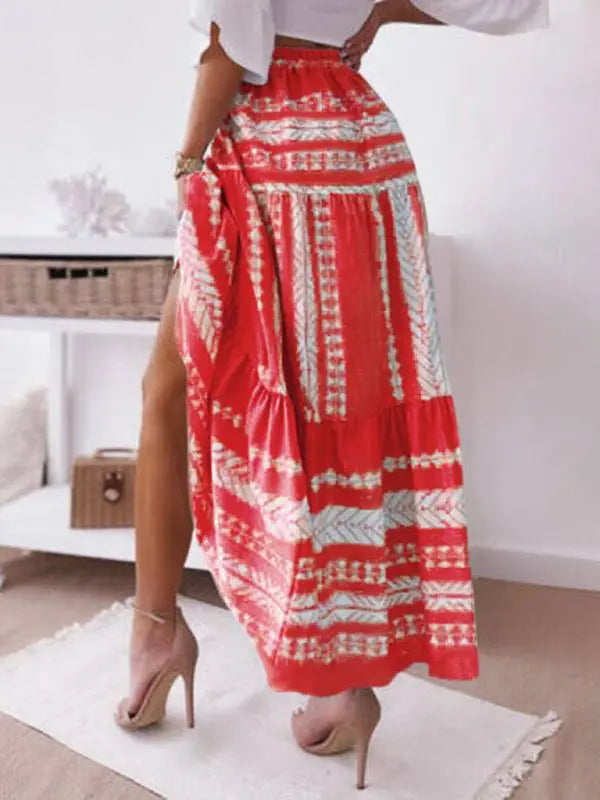 Elara's Ethnic Style Irregular Stripe Printed Maxi Skirt kakaclo