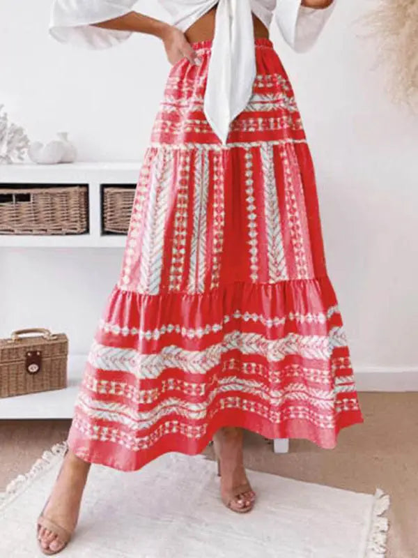 Elara's Ethnic Style Irregular Stripe Printed Maxi Skirt kakaclo