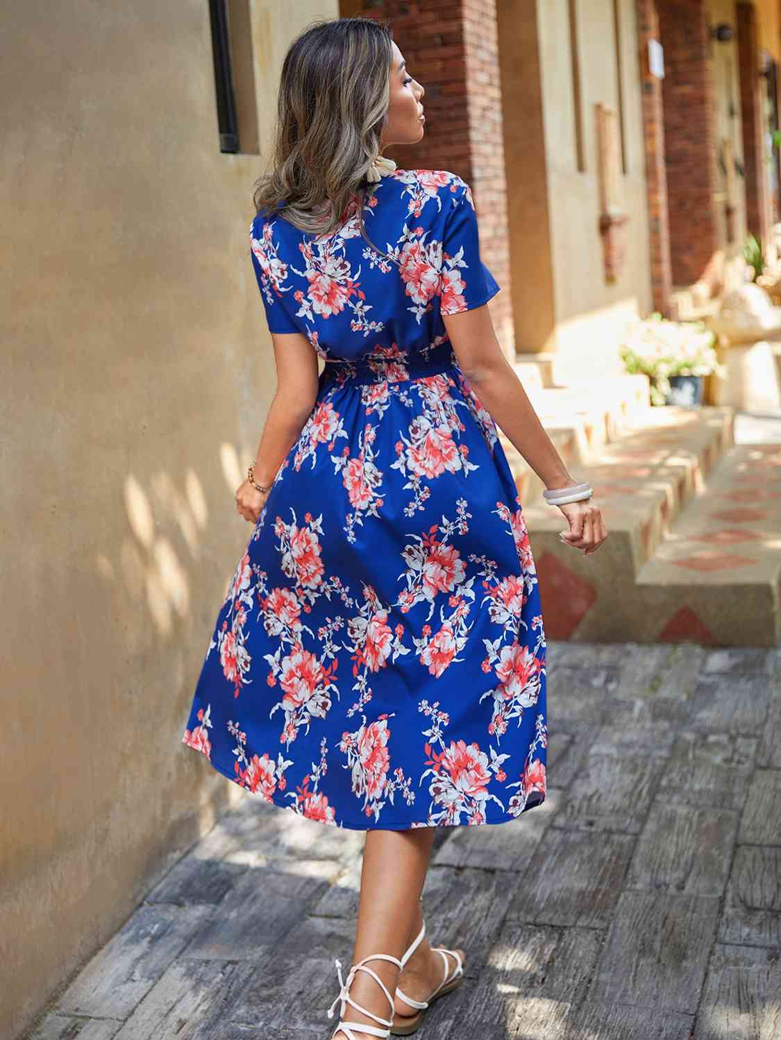 Elastic Waist V Neck Floral Print Midi Dress BLUE ZONE PLANET