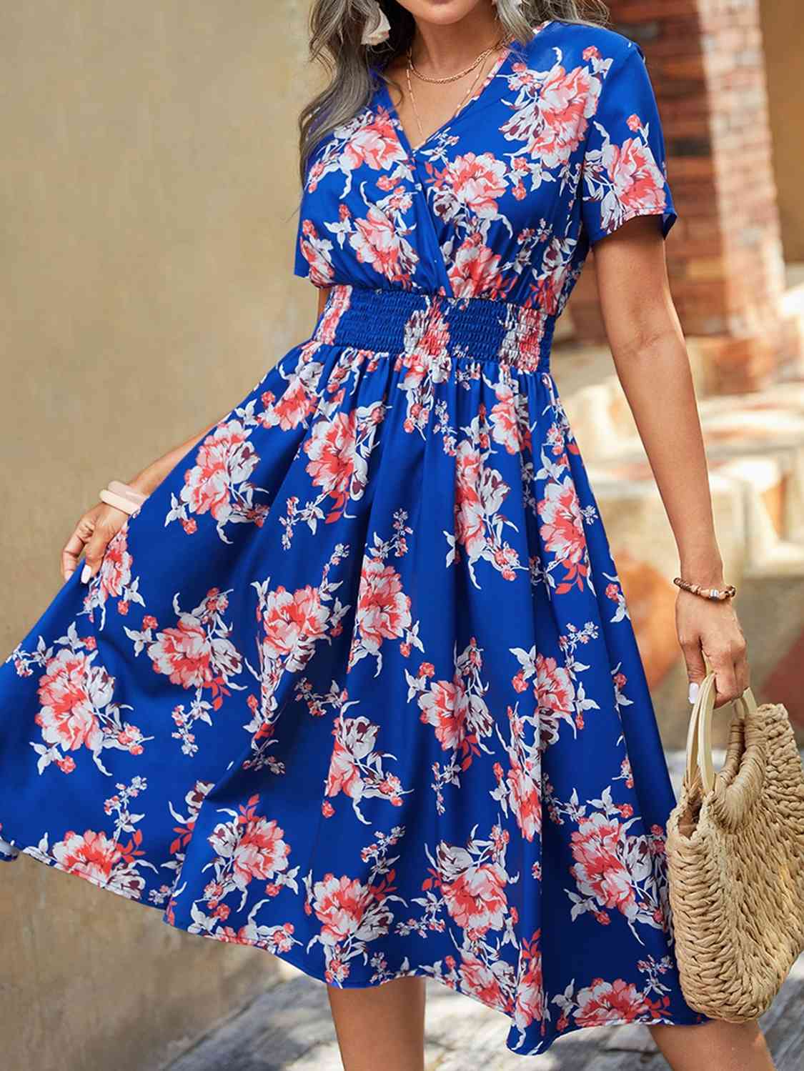 Elastic Waist V Neck Floral Print Midi Dress BLUE ZONE PLANET