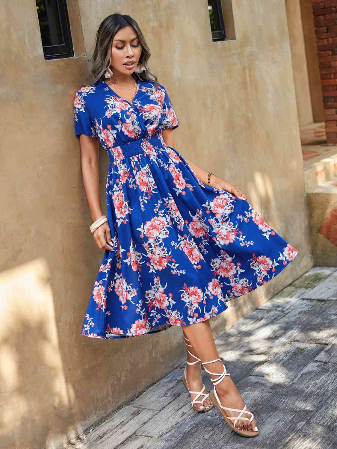 Elastic Waist V Neck Floral Print Midi Dress BLUE ZONE PLANET