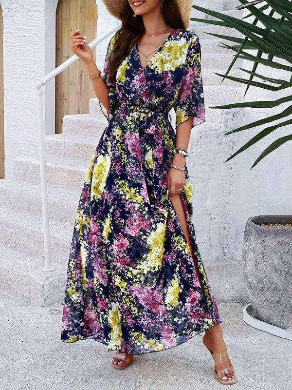 Elegant Printed Waist Dress BLUE ZONE PLANET