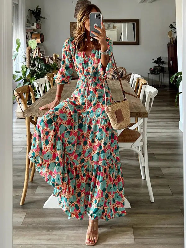 Elegant V-neck five-quarter-sleeved multicolored floral pleats stitching large swing dress kakaclo