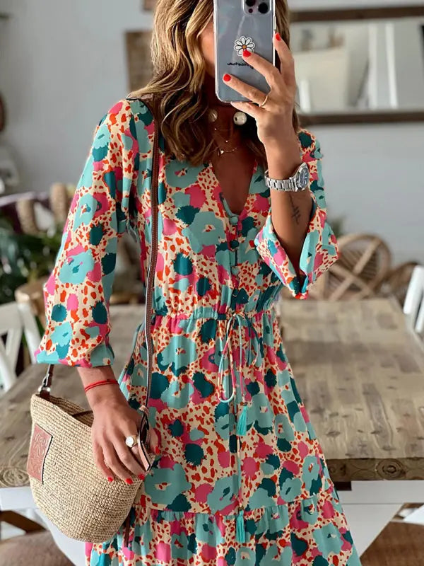 Elegant V-neck five-quarter-sleeved multicolored floral pleats stitching large swing dress kakaclo