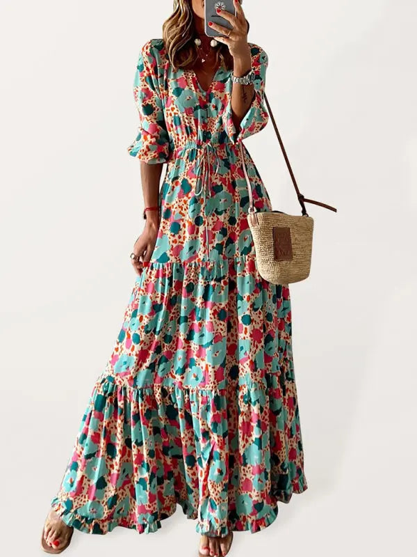 Elegant V-neck five-quarter-sleeved multicolored floral pleats stitching large swing dress kakaclo