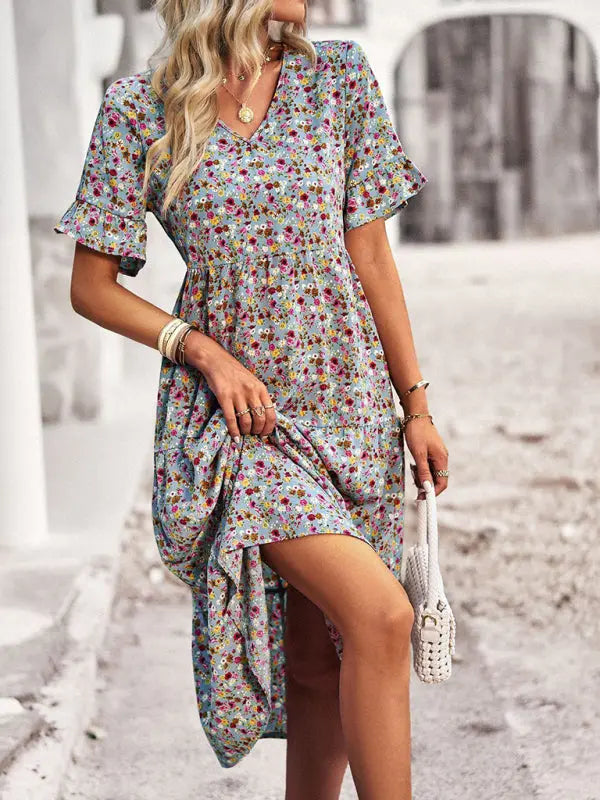 Elegant V-neck short-sleeved holiday dress kakaclo