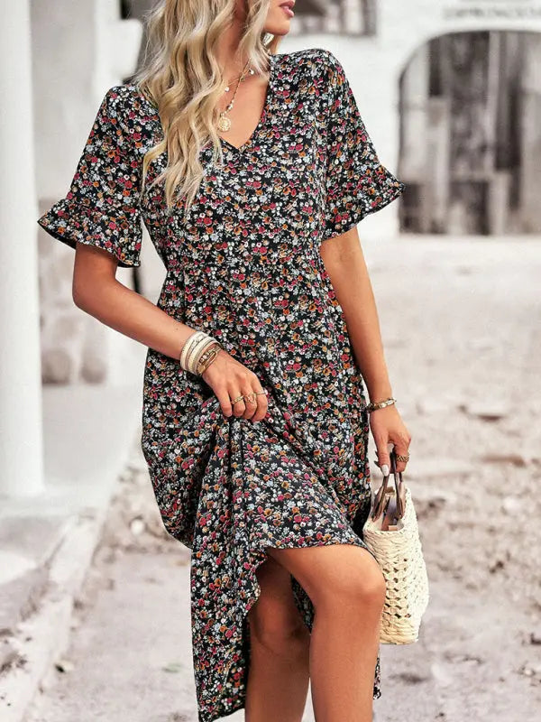 Elegant V-neck short-sleeved holiday dress kakaclo