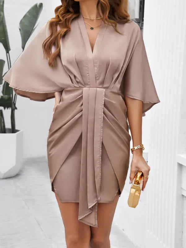 Elegant solid color waist dress for spring and summer kakaclo