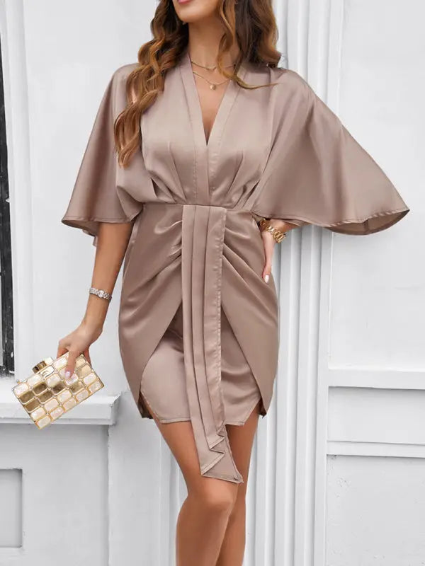 Elegant solid color waist dress for spring and summer kakaclo