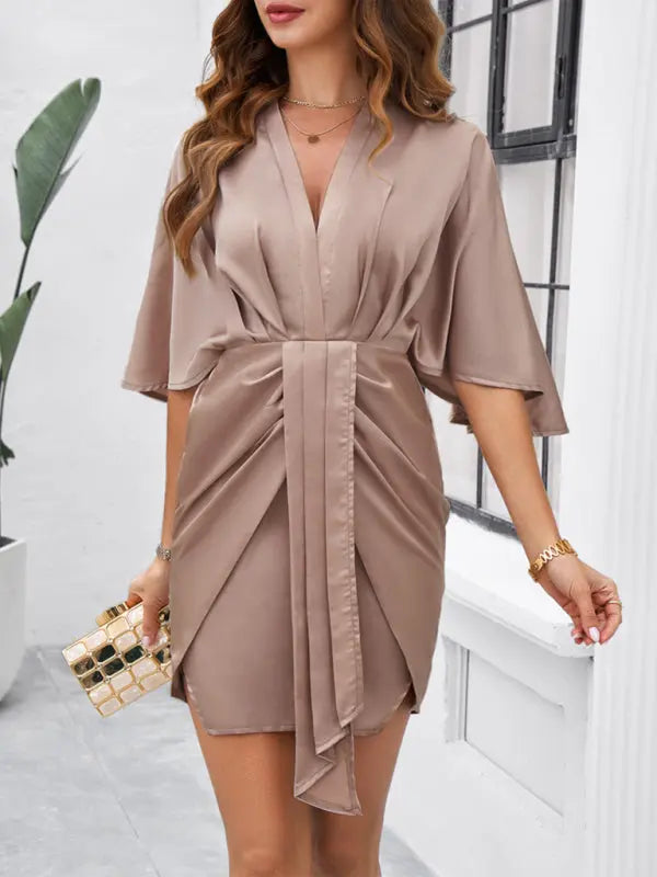 Elegant solid color waist dress for spring and summer kakaclo