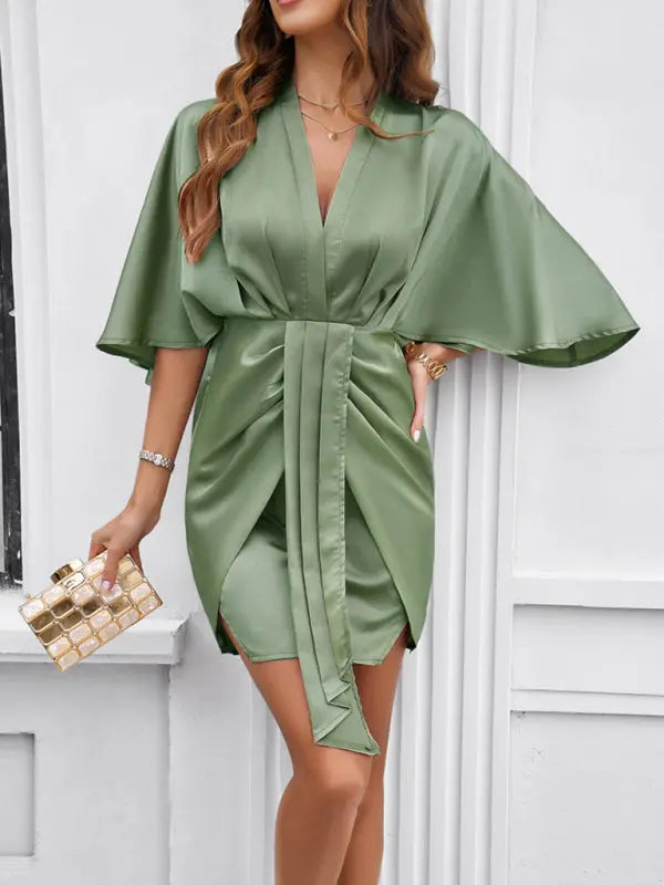 Elegant solid color waist dress for spring and summer kakaclo