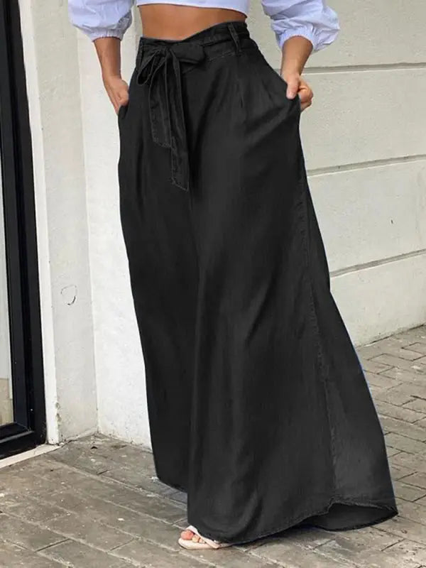 Elegant strappy high waisted skirt plus size denim maxi skirt kakaclo