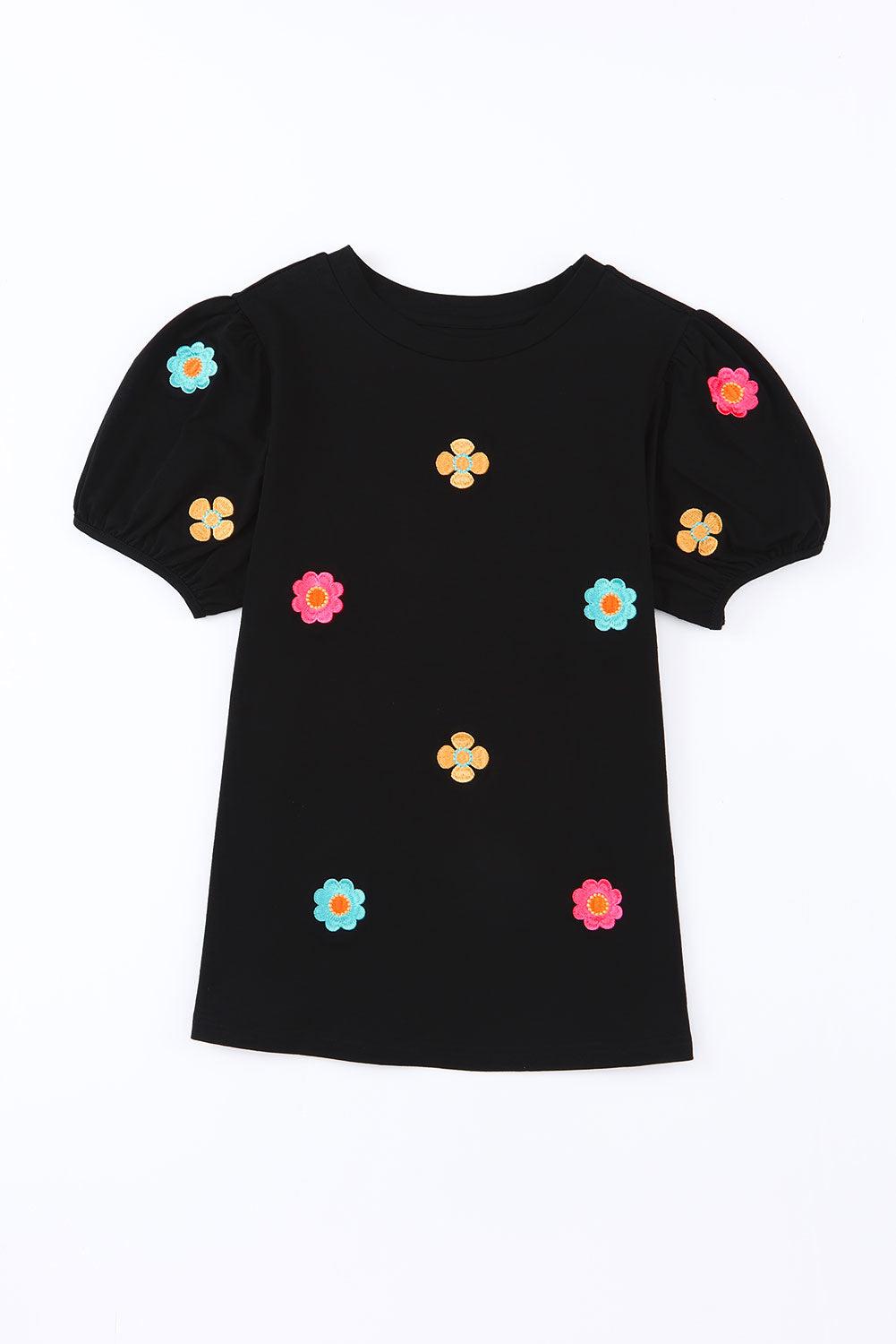 Embroidered Flower Round Neck Puff Sleeve Top-TOPS / DRESSES-[Adult]-[Female]-2022 Online Blue Zone Planet