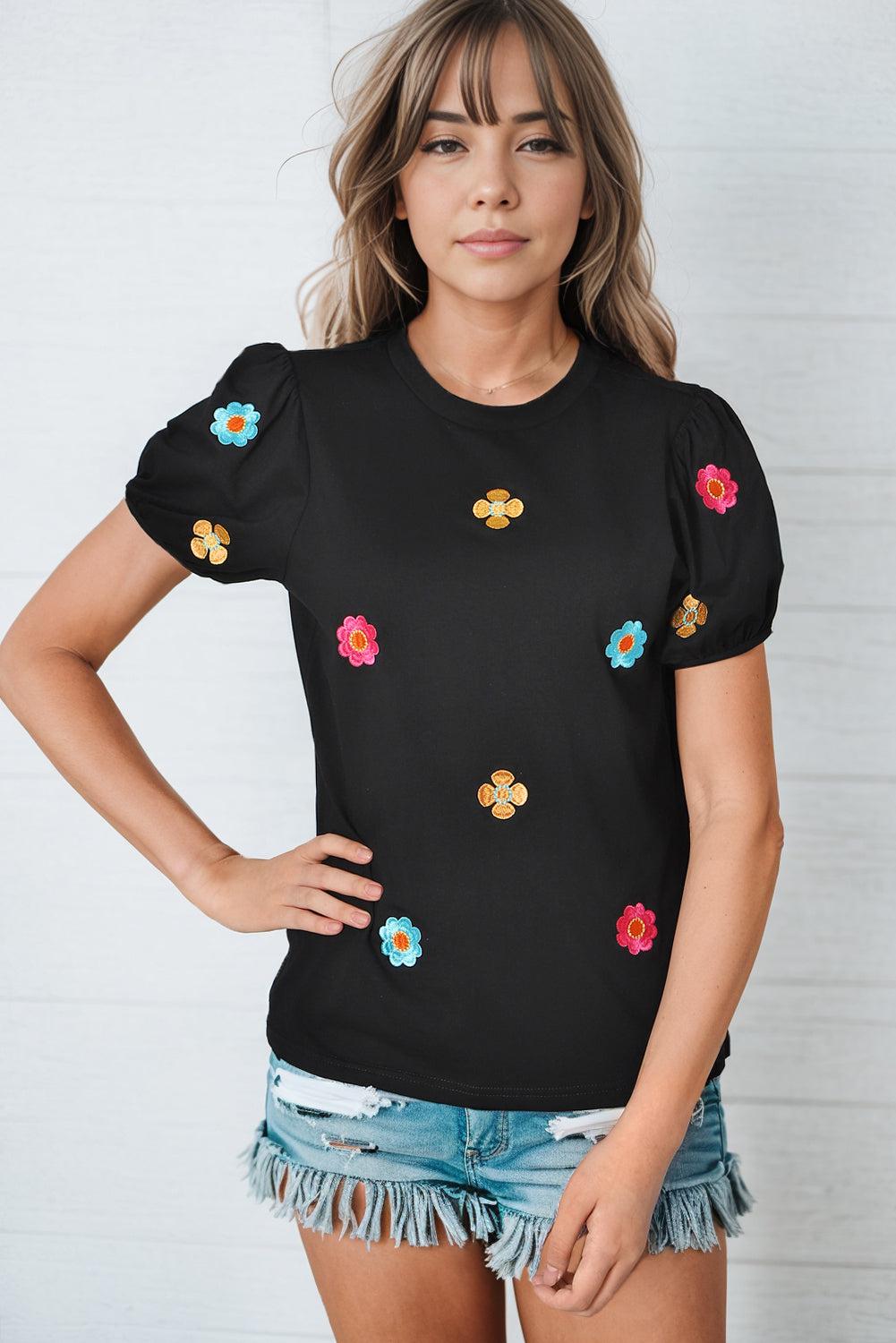 Embroidered Flower Round Neck Puff Sleeve Top-TOPS / DRESSES-[Adult]-[Female]-Black-S-2022 Online Blue Zone Planet