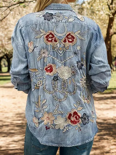 Embroidered Pocketed Button Up Denim Shirt BLUE ZONE PLANET