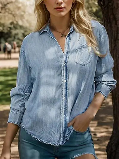 Embroidered Pocketed Button Up Denim Shirt BLUE ZONE PLANET