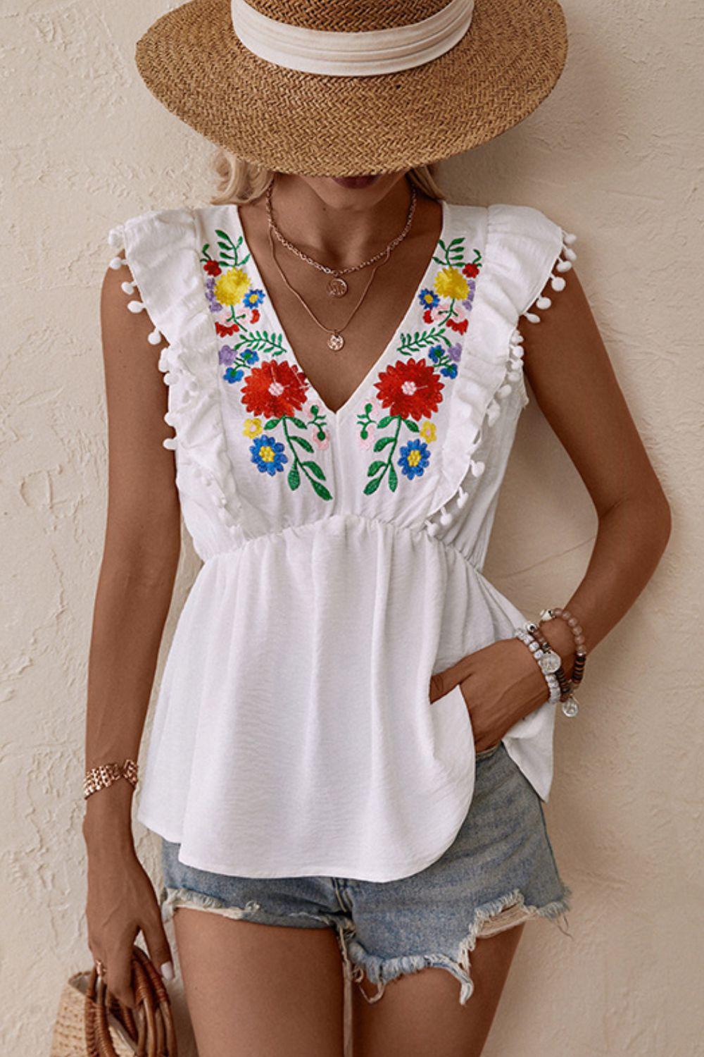 Embroidered Pom-Pom Trim Cap Sleeve Babydoll Top BLUE ZONE PLANET