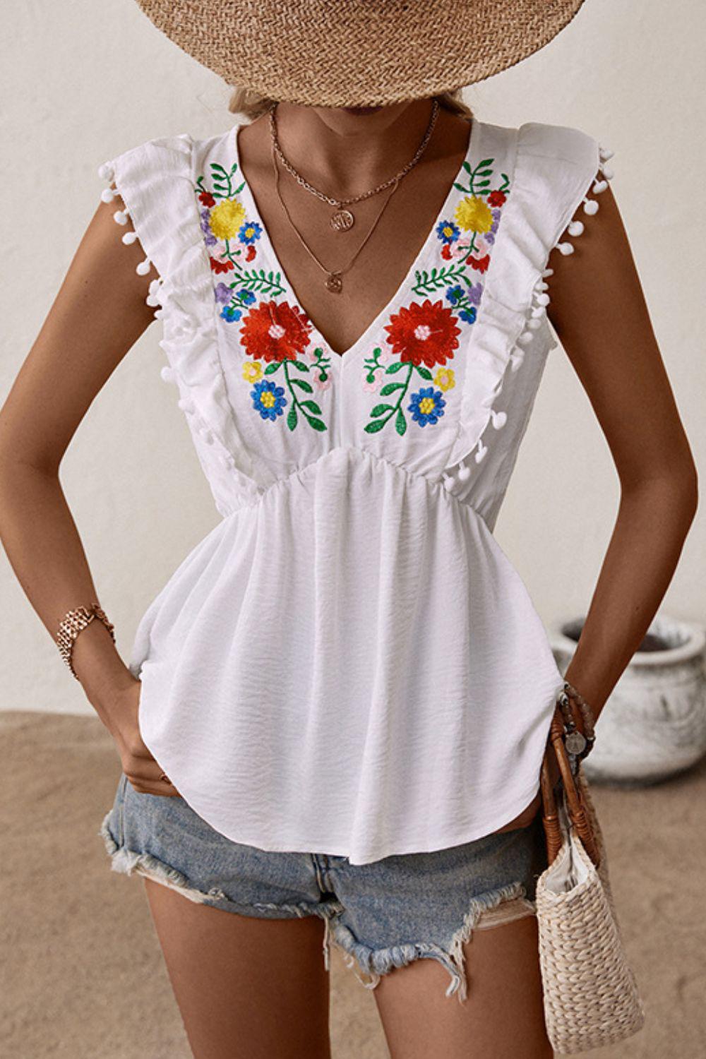 Embroidered Pom-Pom Trim Cap Sleeve Babydoll Top BLUE ZONE PLANET