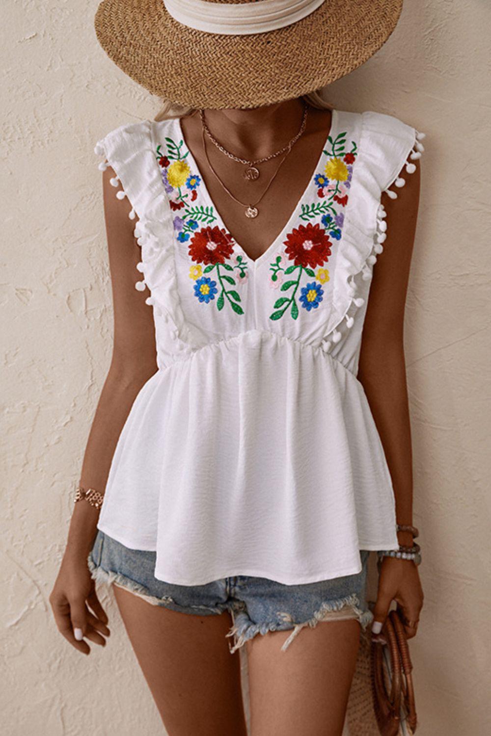 Embroidered Pom-Pom Trim Cap Sleeve Babydoll Top BLUE ZONE PLANET