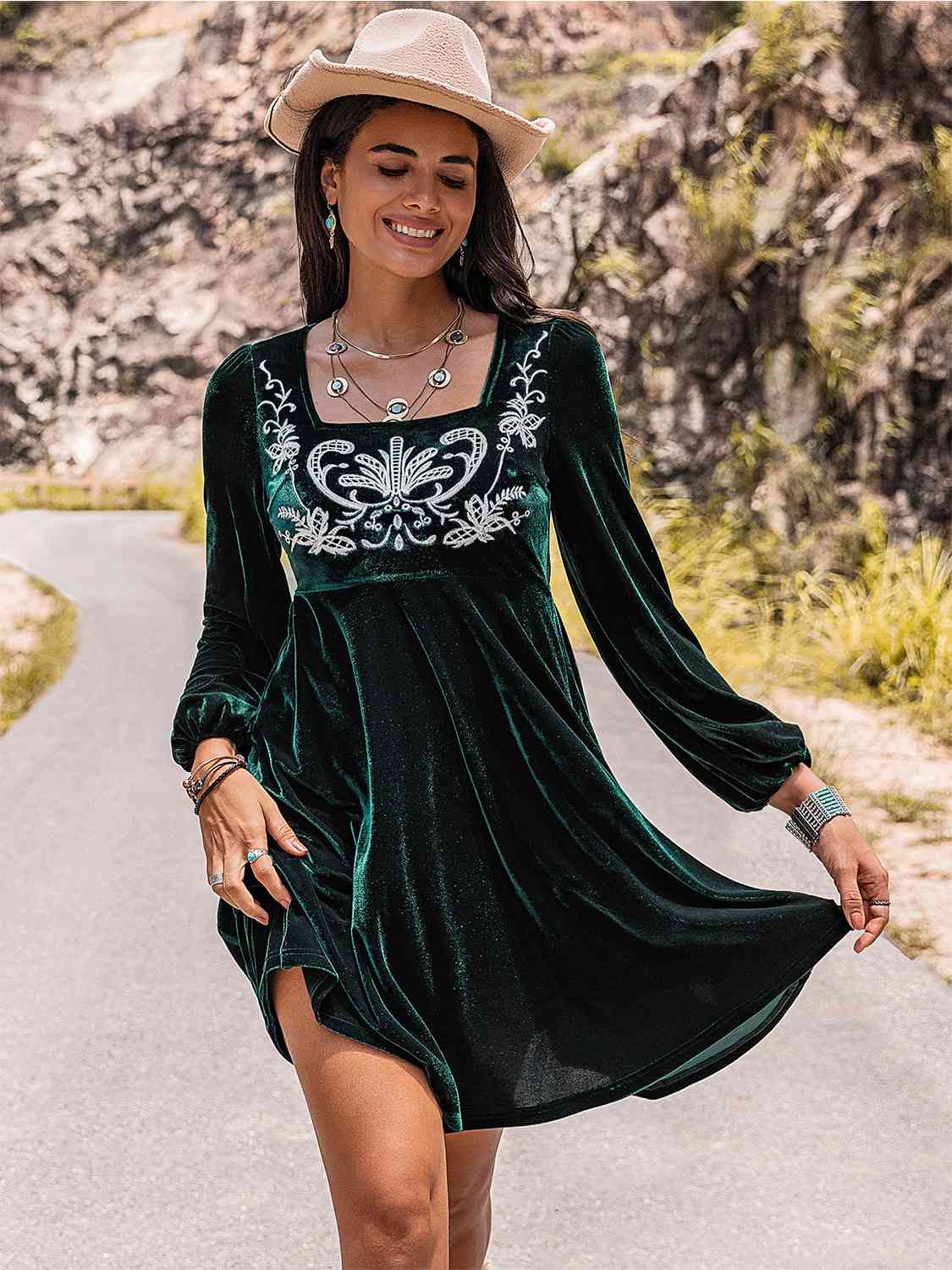 Embroidered Square Neck Long Sleeve Dress BLUE ZONE PLANET