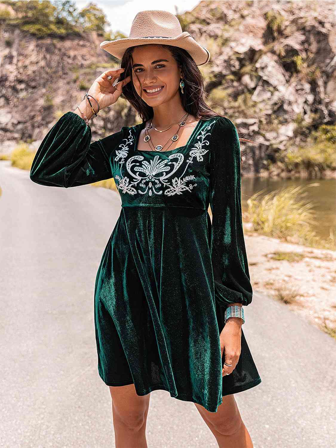 Embroidered Square Neck Long Sleeve Dress BLUE ZONE PLANET