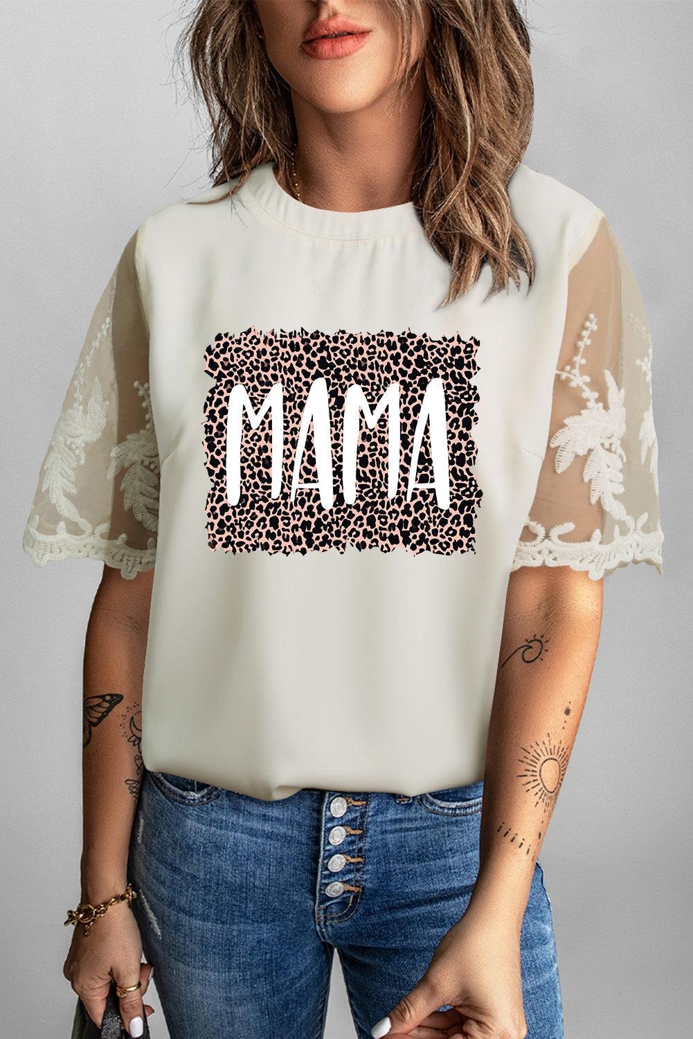 Embroidery Round Neck Short Sleeve MAMA Graphic Blouse BLUE ZONE PLANET