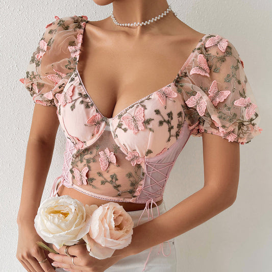 Embroidery Sweetheart Neck Short Sleeve Lace Trim Blouse-TOPS / DRESSES-[Adult]-[Female]-Blush Pink-S-2022 Online Blue Zone Planet